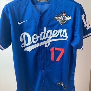 Nike Dodgers Royal Blue World Series Patch Jersey with Red Number